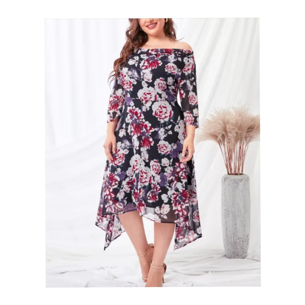 🌺 NEW Floral Midi Dress Plus 4X 26-28 Party Date Off Shoulder Shark Tooth Black